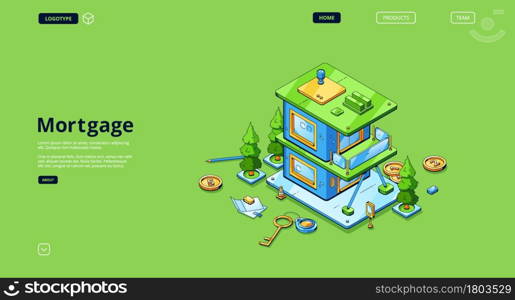 Mortgage banner. Concept of loan for home purchase, buy house with credit money. Vector landing page with isometric illustration of residential building, keys and coins. Banner of mortgage, loan for home purchase