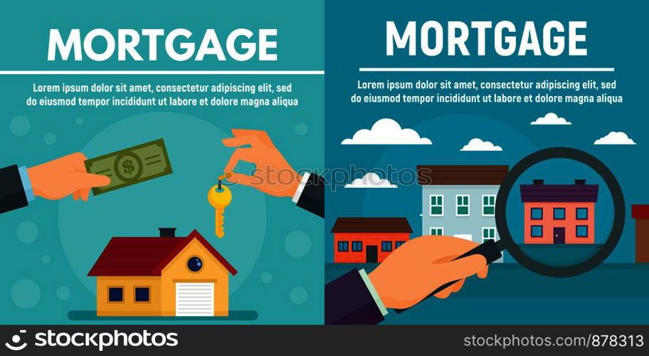 Mortgage banner set. Flat illustration of mortgage vector banner set for web design. Mortgage banner set, flat style