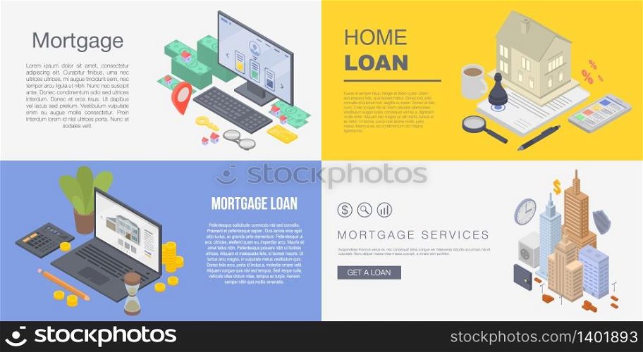 Mortgage banner set. Isometric set of mortgage vector banner for web design. Mortgage banner set, isometric style