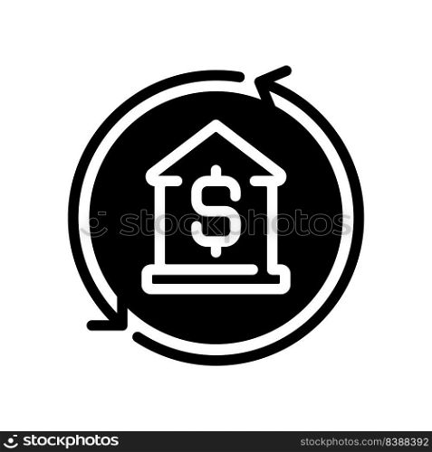 Mortgage black glyph icon. Home loan. Buying personal property. Purchasing real estate. Homebuying program. Silhouette symbol on white space. Solid pictogram. Vector isolated illustration. Mortgage black glyph icon