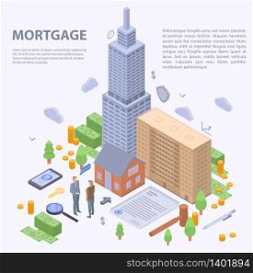 Mortgage building concept background. Isometric illustration of mortgage building vector concept background for web design. Mortgage building concept background, isometric style