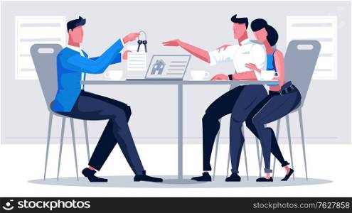 Mortgage credit bank flat composition with people at table with agent giving apartment keys to clients vector illustration