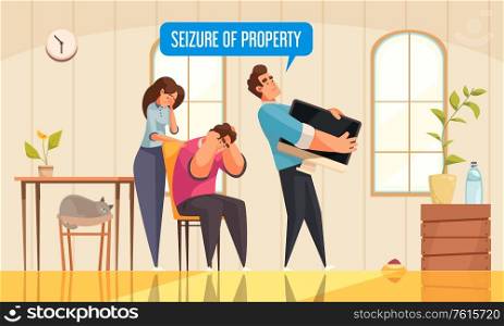Mortgage credit family composition with home interior and unhappy couple with agent seizing property and text vector illustration