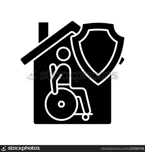 Mortgage disability insurance black glyph icon. Mortgage payment protection insurance. Long-term medical support program. Silhouette symbol on white space. Vector isolated illustration. Mortgage disability insurance black glyph icon