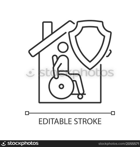Mortgage disability insurance linear icon. Healthcare insurance program policy. Thin line customizable illustration. Contour symbol. Vector isolated outline drawing. Editable stroke. Arial font used. Mortgage disability insurance linear icon