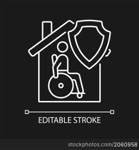 Mortgage disability insurance white linear icon for dark theme. Mortgage payment. Thin line customizable illustration. Isolated vector contour symbol for night mode. Editable stroke. Arial font used. Mortgage disability insurance white linear icon for dark theme