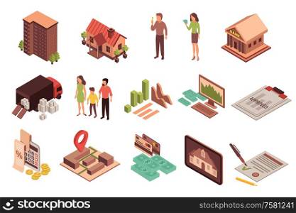Mortgage isometric icons set of isolated icons human characters and images of paperwork money and houses vector illustration