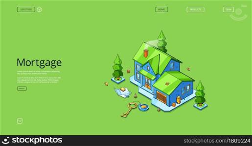 Mortgage isometric landing page. Cottage house with scatter key and documents. Hypothec loan, debt, personal bank consumer credit offer for buying home by installments. 3d vector line art web banner. Mortgage isometric landing page with cottage house
