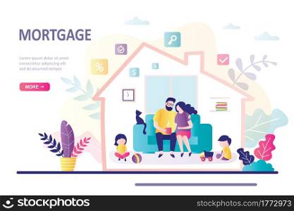 Mortgage landing page template. Concept of hypothec and finance management. Happy parents with children at new home. People take loan. Banking, investment in real estate. Flat vector illustration. Mortgage landing page template. Concept of hypothec and finance management. Happy parents with children at new home.