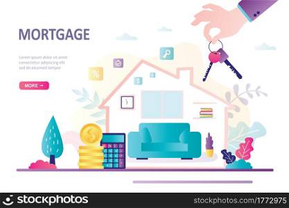 Mortgage landing page template. Investments in real estate. House silhouette with furniture, loan and finance management. Big hand with keys. Stack of coins and calculator. Flat vector illustration. Mortgage landing page template. Investments in real estate. House silhouette with furniture, loan and finance management.