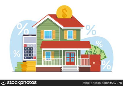 Mortgage loan concept, house with money, gold coins, calculator and wallet. Real estate. interest rate and and payment schedule, property purchase. Vector cartoon flat style isolated illustration. Mortgage loan concept, house with money, gold coins, calculator and wallet. Real estate. interest rate and and payment schedule, property purchase. Vector cartoon flat isolated illustration