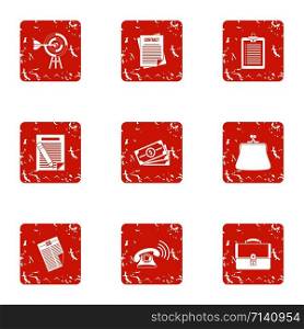 Mortgage loan icons set. Grunge set of 9 mortgage loan vector icons for web isolated on white background. Mortgage loan icons set, grunge style