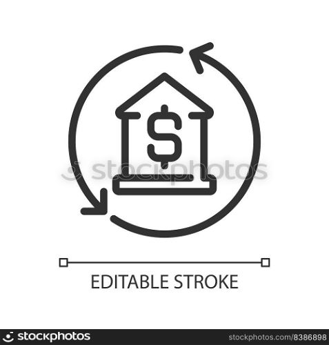 Mortgage pixel perfect linear icon. Home loan. Buying personal property. Purchasing real estate. Thin line illustration. Contour symbol. Vector outline drawing. Editable stroke. Arial font used. Mortgage pixel perfect linear icon