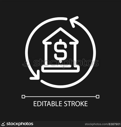Mortgage pixel perfect white linear icon for dark theme. Home loan. Buying property. Purchasing real estate. Thin line illustration. Isolated symbol for night mode. Editable stroke. Arial font used. Mortgage pixel perfect white linear icon for dark theme