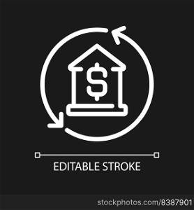 Mortgage pixel perfect white linear icon for dark theme. Home loan. Buying property. Purchasing real estate. Thin line illustration. Isolated symbol for night mode. Editable stroke. Arial font used. Mortgage pixel perfect white linear icon for dark theme