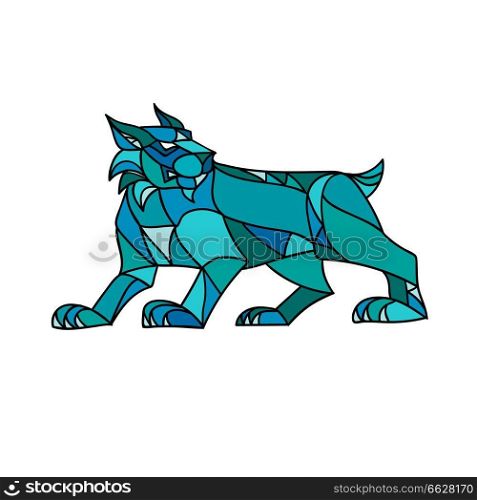 Mosaic low polygon style illustration of a bobcat, Eurasian lynx, Canada or Iberian lynx prowling viewed from side on isolated white background in color.. Bobcat Prowling Mosaic
