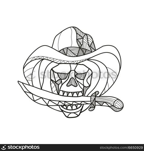 Mosaic low polygon style illustration of a cowboy pirate skull wearing a hat biting a dagger, knife or sword viewed from front on isolated white background in color.. Cowboy Pirate Skull Biting Dagger Mosaic