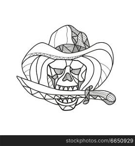 Mosaic low polygon style illustration of a cowboy pirate skull wearing a hat biting a dagger, knife or sword viewed from front on isolated white background in color.. Cowboy Pirate Skull Biting Dagger Mosaic