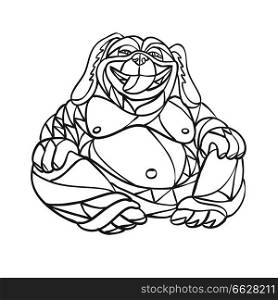 Mosaic low polygon style illustration of a laughing dog Buddha sitting viewed from front on isolated white background in Black and White.. Laughing Dog Buddha Mosaic Black and White