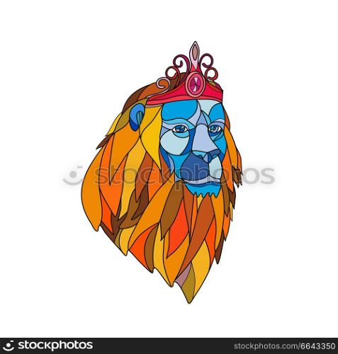 Mosaic low polygon style illustration of a lion with big mane wearing a tiara crown viewed from front on isolated white background in color.. Lion Wearing Tiara Mosaic Color