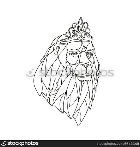 Mosaic low polygon style illustration of a princess lion with big mane wearing a tiara crown viewed from front on isolated white background in black and white.. Lion Princess Wearing Tiara Mosaic Black and White 