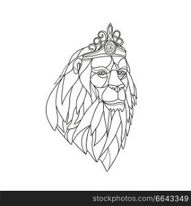 Mosaic low polygon style illustration of a princess lion with big mane wearing a tiara crown viewed from front on isolated white background in black and white.. Lion Princess Wearing Tiara Mosaic Black and White
