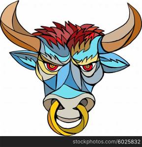 Mosaic style illustration of an angry raging bull head facing front set on isolated white background. . Angry Bull Head Mosaic