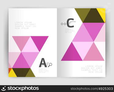 Mosaic triangle annual report template. Modern business brochure or leaflet A4 cover template. Abstract background with color triangles, annual report print backdrop. Vector design for workflow layout, diagram, number options or web design