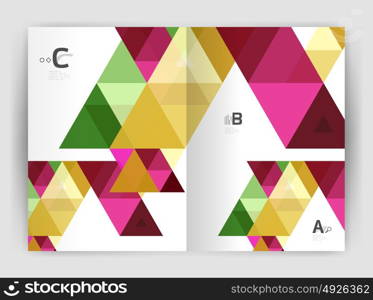 Mosaic triangle annual report template. Modern business brochure or leaflet A4 cover template. Abstract background with color triangles, annual report print backdrop. Vector design for workflow layout, diagram, number options or web design