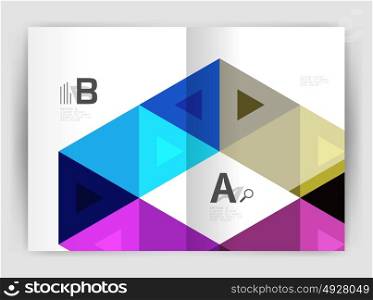 Mosaic triangle annual report template. Modern business brochure or leaflet A4 cover template. Abstract background with color triangles, annual report print backdrop. Vector design for workflow layout, diagram, number options or web design