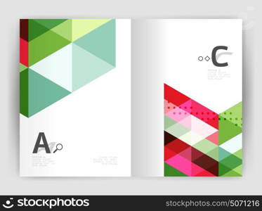 Mosaic triangle annual report template. Modern business brochure or leaflet A4 cover template. Abstract background with color triangles, annual report print backdrop. Vector design for workflow layout, diagram, number options or web design