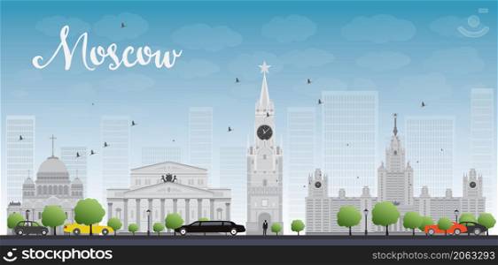 Moscow City Skyscrapers and famous buildings in grey color Vector illustration