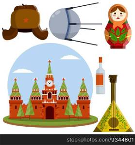 Moscow kremlin. Set symbol-Hat with a star, doll matryoshka. Flat cartoon illustration. Tourist trip to red square, Sputnik space satellite, balalaika guitar. Moscow kremlin. Set symbol