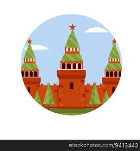 Moscow kremlin. Tourist destination for tour to capital. Fortress with tower and wall. Tourist attraction. Cartoon flat illustration. Summer season. Residence of Russian. President on red square. Moscow kremlin.