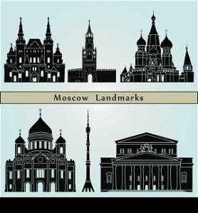 Moscow landmarks and monuments isolated on blue background in editable vector file