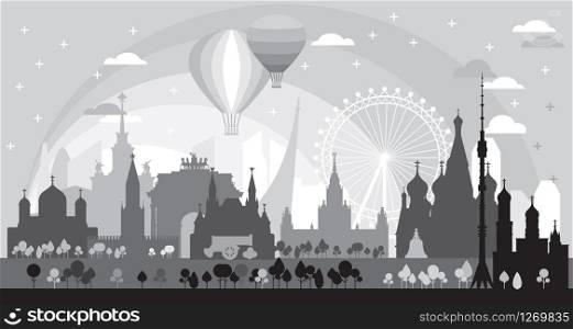 Moscow skyline travel illustration with architectural landmarks at sunrise. Worldwide traveling concept. Moscow city landmarks, silhouette monochrome russian tourism and journey vector background.