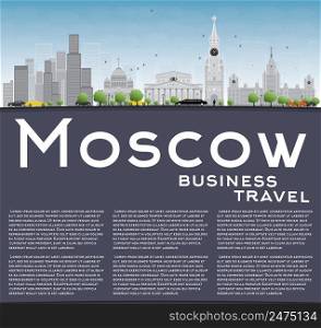 Moscow Skyline with Gray Landmarks, Blue Sky and Copy Space. Vector Illustration. Business Travel and Tourism Concept with Historic Buildings. Image for Presentation, Banner, Placard and Web Site.