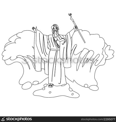 Moses Separate Sea Water Waves In Exodus Black Line Pencil Drawing Vector. Moses Biblical And Jewish Religion Person, Jews Liberty Guide With Stick Doing Miracle For Escape. Character Illustration. Moses Separate Sea Water Waves In Exodus Vector