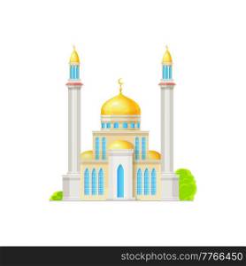 Mosque building icon. Islam religion temple with golden domes, narrow windows and crescents on high minarets towers. Antique mosque facade, arabian religious vector building. Mosque building, islam religion temple icon