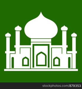 Mosque icon white isolated on green background. Vector illustration. Mosque icon green