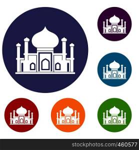 Mosque icons set in flat circle reb, blue and green color for web. Mosque icons set