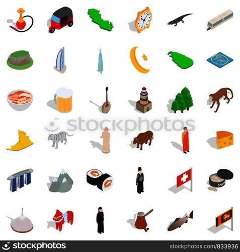 Mosque icons set. Isometric style of 36 mosque vector icons for web isolated on white background. Mosque icons set, isometric style