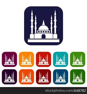 Mosque icons set vector illustration in flat style In colors red, blue, green and other. Mosque icons set flat