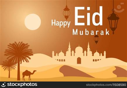 Mosque on Desert with Date Tree Camel Islamic Illustration of Happy Eid Mubarak