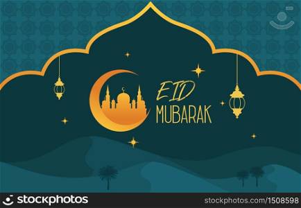 Mosque on Desert with Date Tree Lantern Islamic Illustration of Happy Eid Mubarak