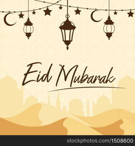 Mosque on Desert with Lantern Islamic Illustration of Happy Eid Mubarak