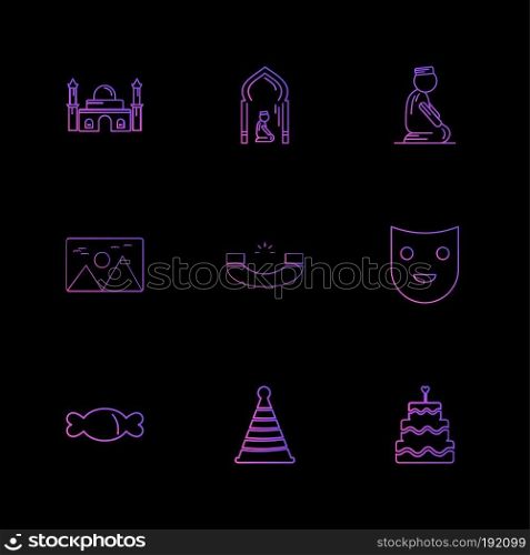 mosque , prayer , muslim , card , scenery , call , mask , cake, cap , candy , icon, vector, design,  flat,  collection, style, creative,  icons