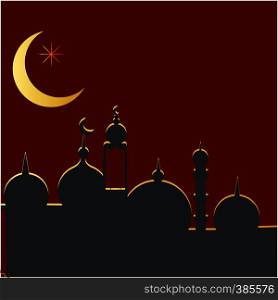 Mosque silhouette with crescent moon and star. Flat style background. Ramadan holy celebration greeting card, poster design element. Vector. Mosque silhouette with crescent moon and star.