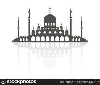 Mosque with minarets on skyline. Islamic architecture silhouette. Istanbul cityscape with reflection isolated on white background. Mosque with minarets on skyline. Islamic architecture silhouette. Istanbul cityscape with reflection isolated on white background.