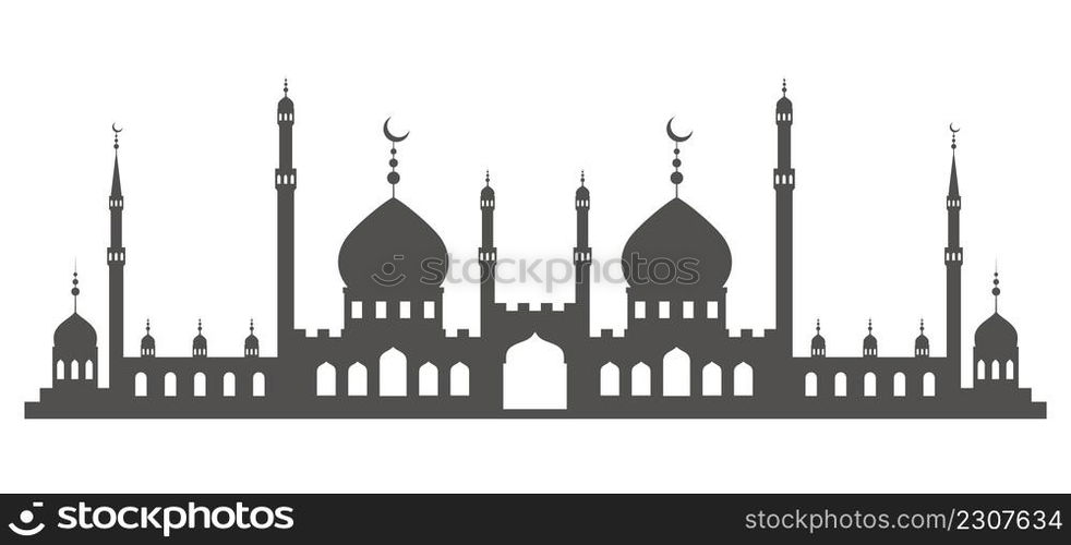 Mosque with minarets on skyline. Islamic architecture silhouette. Istanbul cityscape isolated on white background. Mosque with minarets on skyline. Islamic architecture silhouette. Istanbul cityscape isolated on white background.